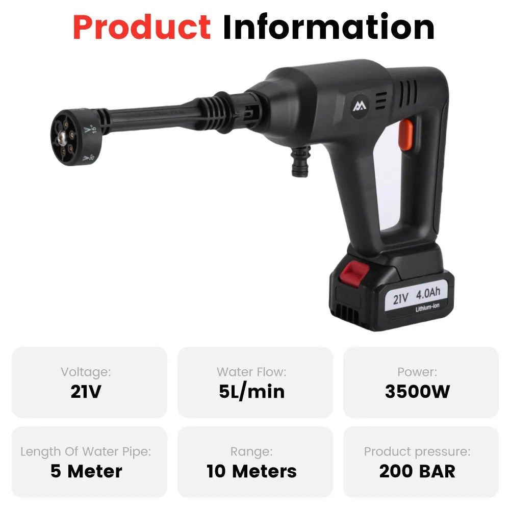 MUDIRO 4.0Ah 200Bar 3500W High Pressure Cordless Car Washer 6-in-1 Multi-Function Nozzle Car Cleaning Water Gun