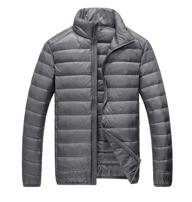 Schinteon Men Ultralight White Duck Down Jacket Thin Stand Collar Solid Color Simple Autumn Outwear