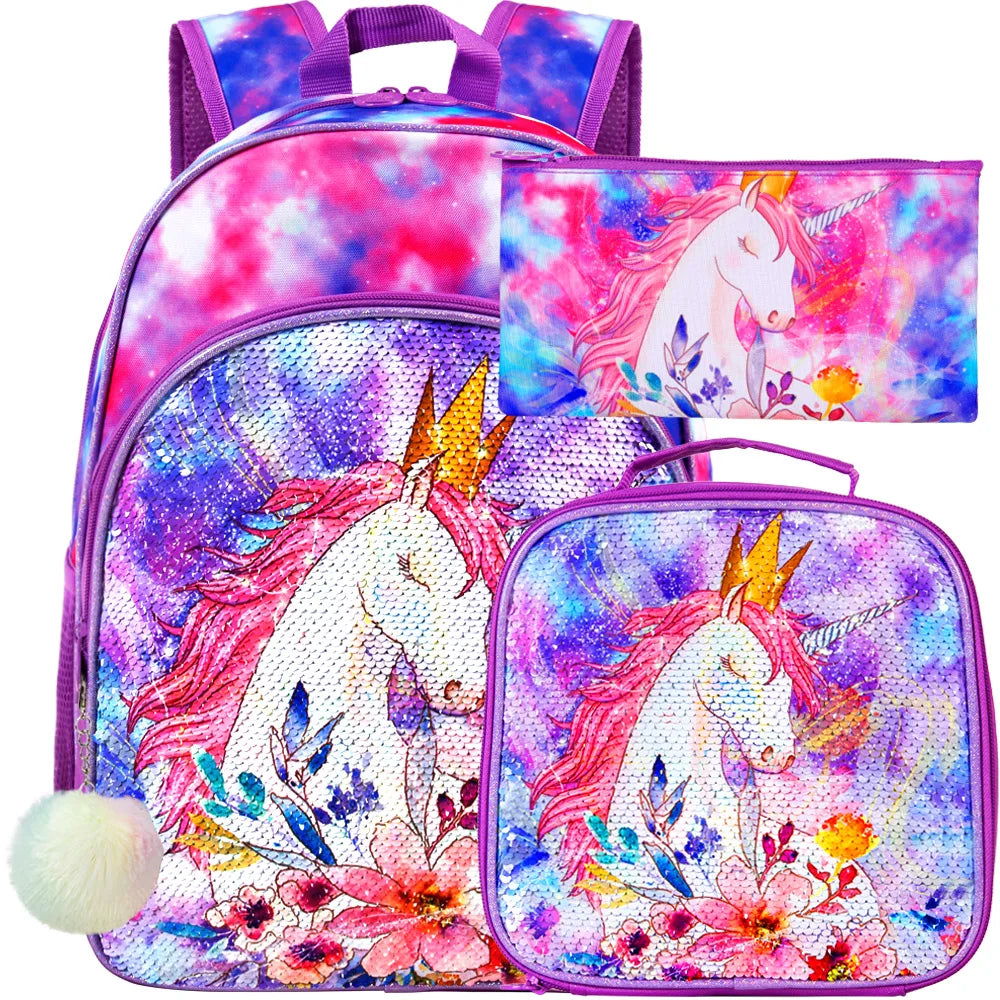 3PCS Unicorn Backpack for Girls, 16”Kids Sequin Bookbag with Lunch Box, School Bag for Elementary Toddler