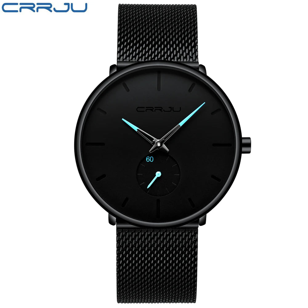CRRJU New Watches Mens 2019 Man Fashion Simple Stainless Steel Blue Thin Watch For Men Luxury Casual Waterproof Quartz Clock