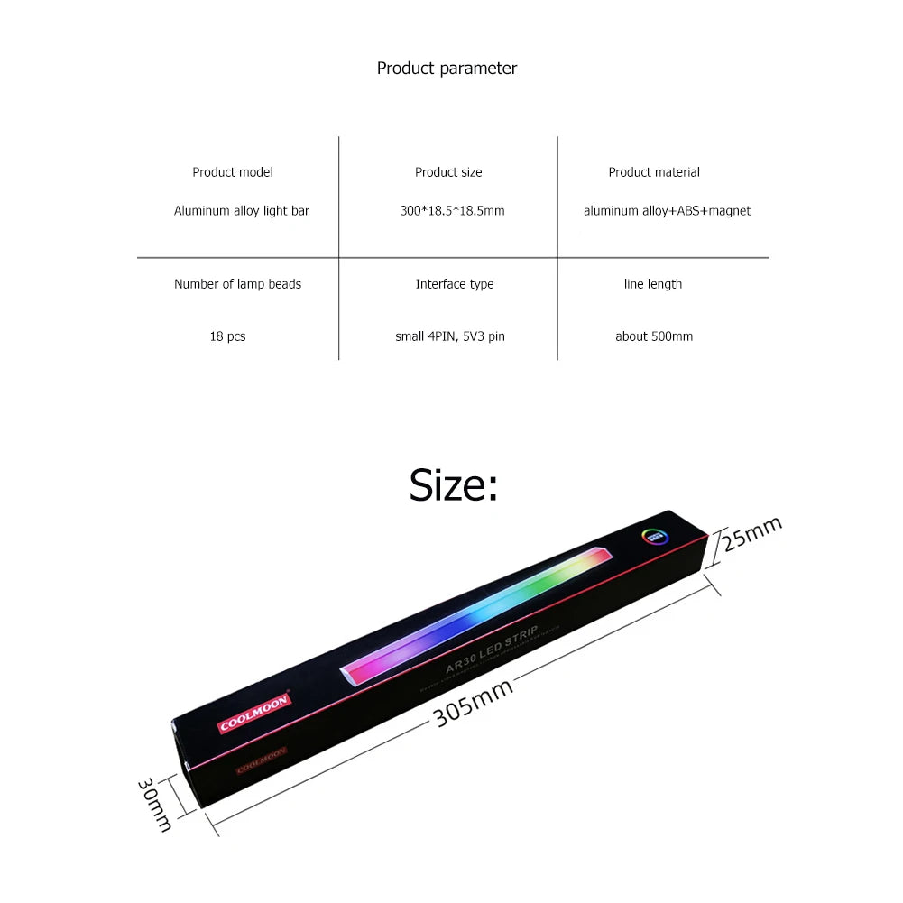 30cm Aluminum alloy RGB PC Case LED Strip Magnetic Computer Light Bar 5V/3PIN Small 4Pin ARGB Motherboard Light-Strip