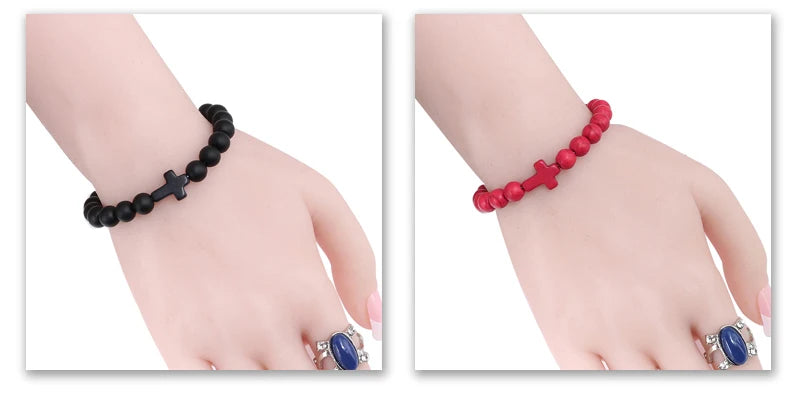 Fashion Jesus Cross Natural Stone Bracelets Charm Blue Pine Stone Black Lava Matte Beaded Bracelets Bangles Women Yoga Jewelry