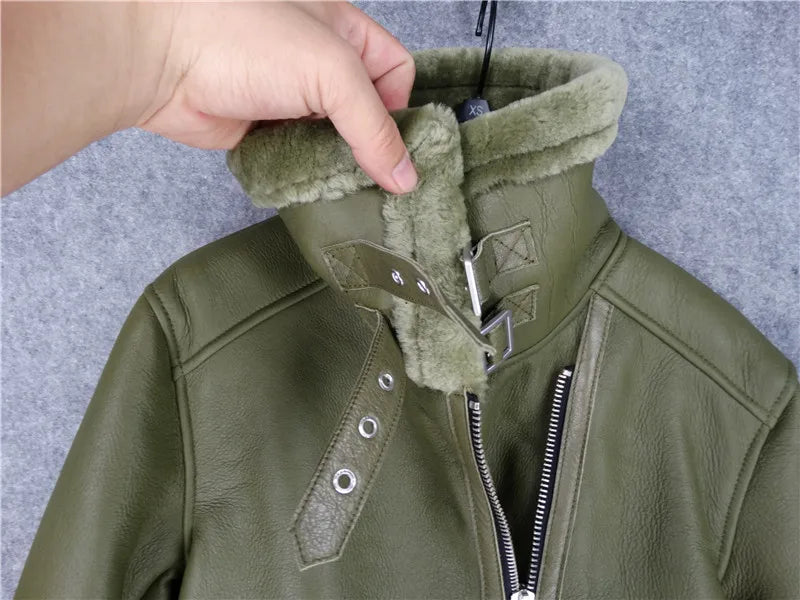CC SHop Best.Guarantee Genuine leather jacket with fur.Winter warm women 100% shearling coat.Street sheepskin with wool jackets