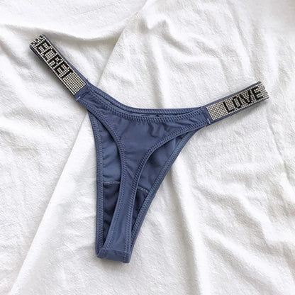 Low Waist Sexy Women Thongs Panties Rhinestones letter Diamonds G String Sports Thong Shorts Briefs T-back Fitness Size S-XL