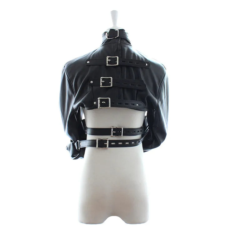 Female BDSM Bondage Breast Exposed  PU Leather Straitjacket Restraint Body Harness Jacket Long Sleeves Play Flirting Women