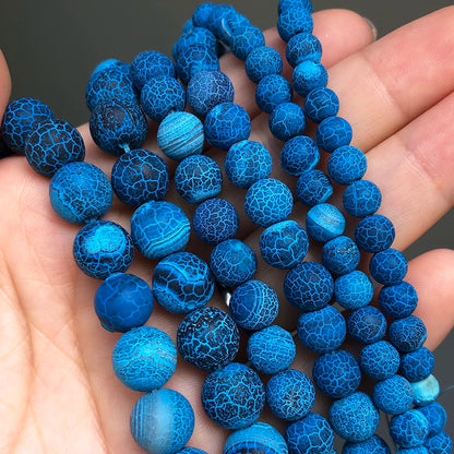 Natural Stone Beads Frost Dark Blue Cracked Dream Fire Dragon Veins Agates Beads For Jewelry Making DIY Bracelet 15‘’ 6/8/10mm