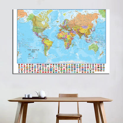 150x100cm Foldable Large World Map with Flags The World Physical Map for Travel Office School Supplies for Bedroom Living Room