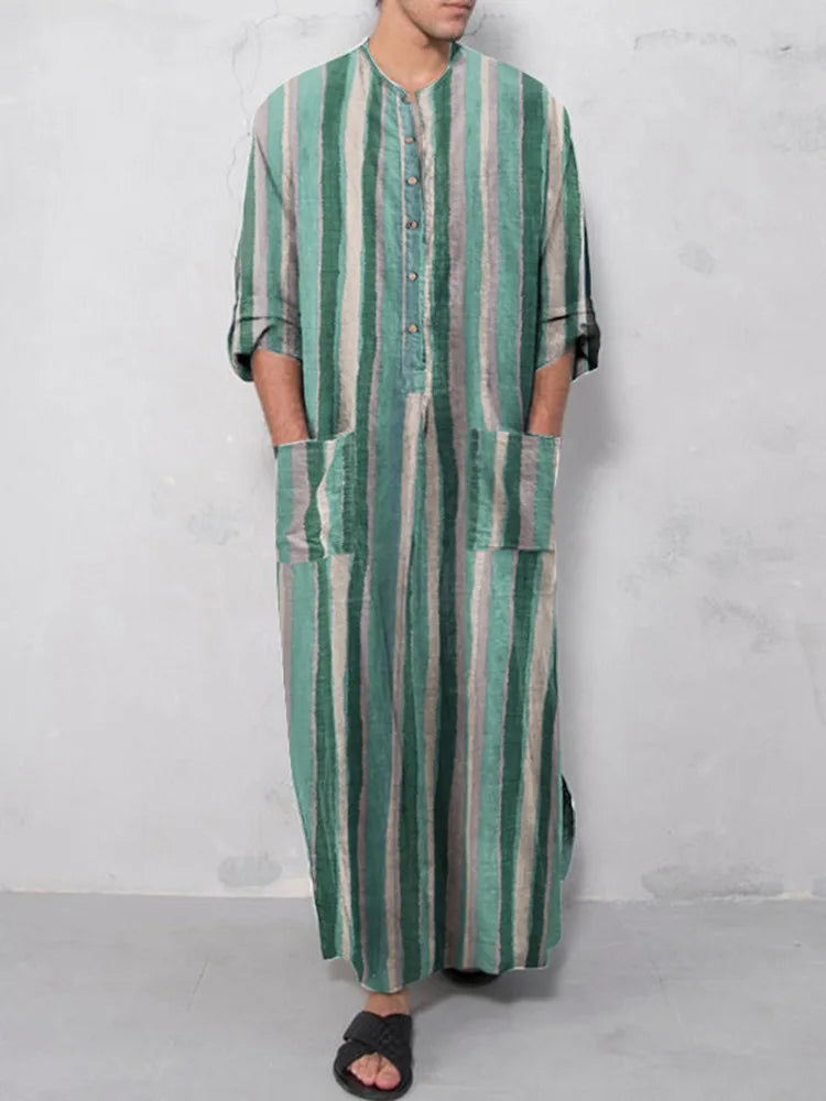 New Men Islam Qamis Muslim Striped Robes Long Sleeve Button-down Arabian Kaftan Suit Middle East Dubai Abaya Summer Man Clothing