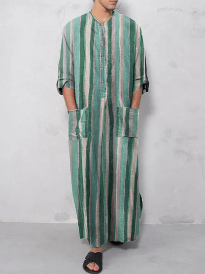 New Men Islam Qamis Muslim Striped Robes Long Sleeve Button-down Arabian Kaftan Suit Middle East Dubai Abaya Summer Man Clothing