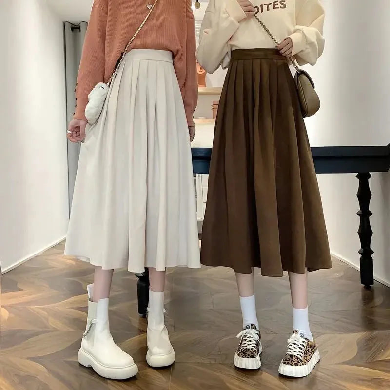 Lucyever Vintage Brown High Waist Pleated Skirt Women Korean Fashion College Style Long Skirt Ladies Autumn Casual A line Skirts