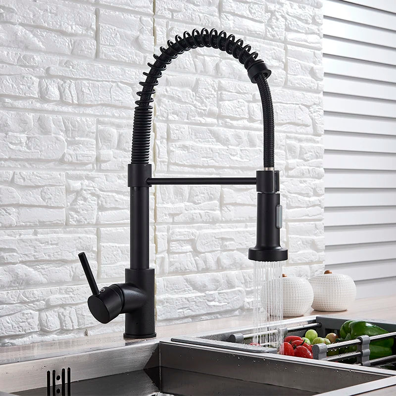 Kitchen Faucets Brush Brass Faucets for Kitchen Sink Single Lever Pull Out Spring Spout Mixers Tap Hot Cold Water Crane