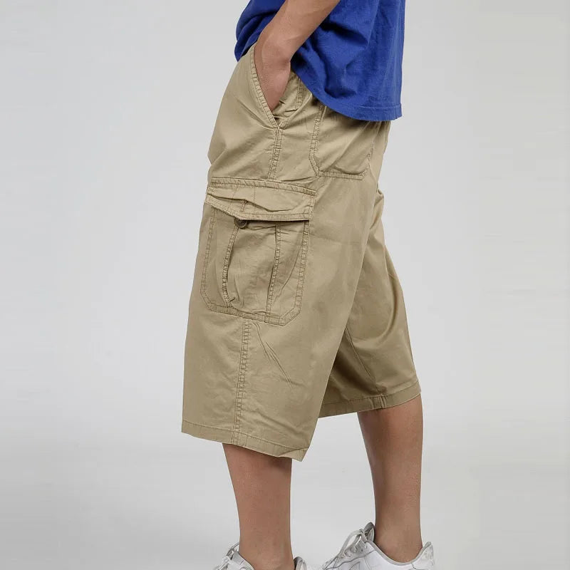 2025 Men Summer Multi-Pocket Baggy Cargo Cotton Calf Length Pants Casual Trouser Male Large Solid Color Shorts Plus Size Xl-6Xl