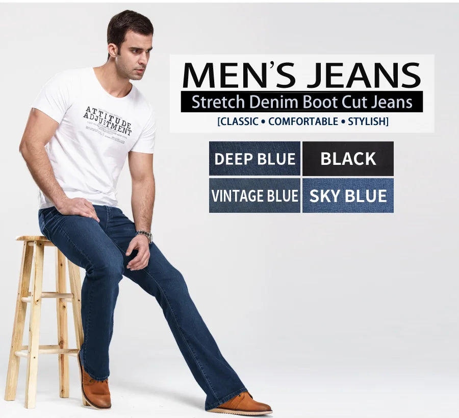 LGRG Mens Boot Cut Jeans Slightly Flared Slim Fit Blue Black Trousers Designer Classic Male Stretch Denim Pants