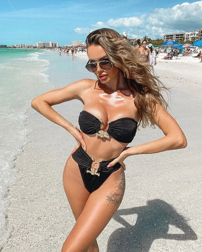 Sexy Brazilian Bikinis Set Hammered Trim Swimwear Women Swimsuit Y2k Soild High Waist Swimming Suits for Bathing Suit
