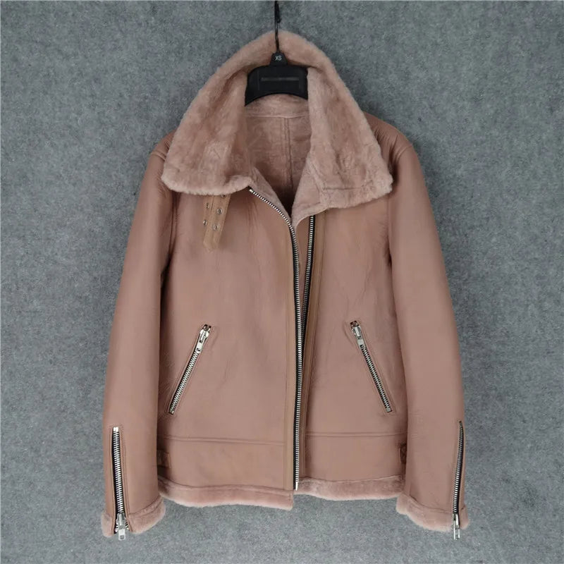 CC SHop Best.Guarantee Genuine leather jacket with fur.Winter warm women 100% shearling coat.Street sheepskin with wool jackets
