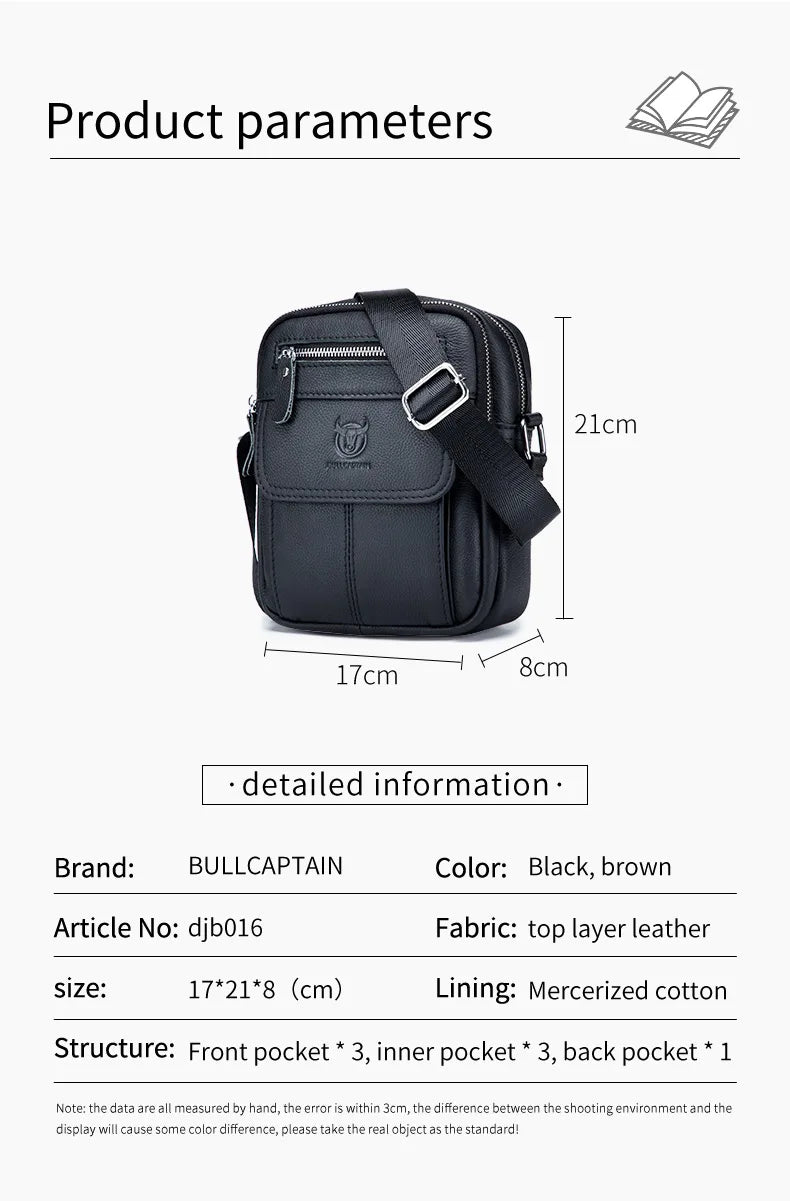Bullcaptain Casual Men's Shoulder Bags Business Messenger Bag High-Quality Men's Cow Leather Bag's Mini Large Capacity Pocket