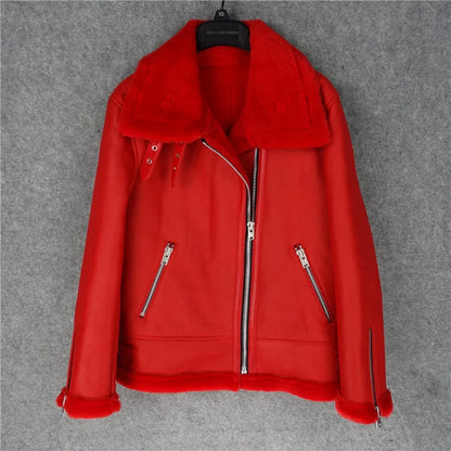 CC SHop Best.Guarantee Genuine leather jacket with fur.Winter warm women 100% shearling coat.Street sheepskin with wool jackets