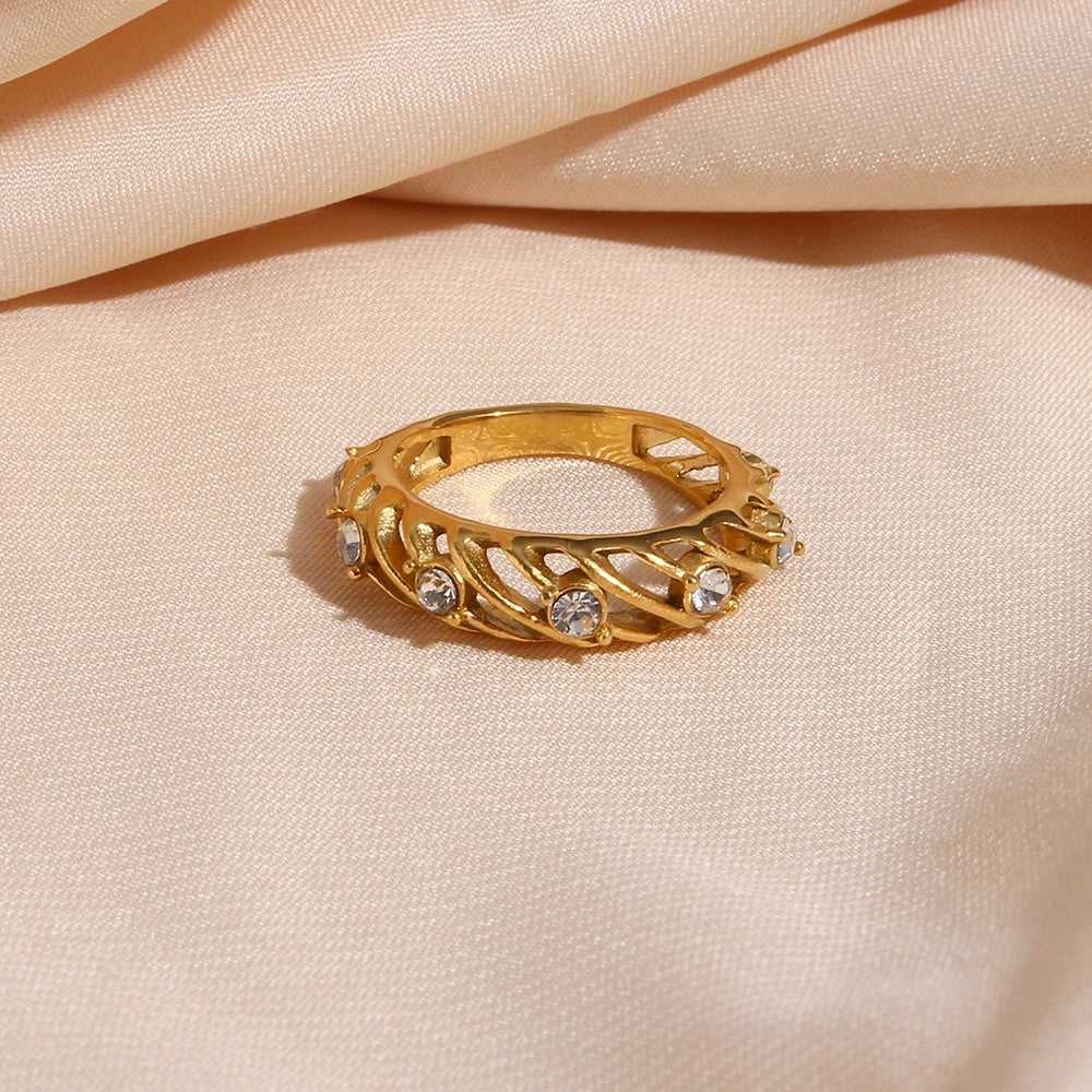 E.B.belle Thin 18K Gold Plated Hollow Texture Natural Freshwater Pearl Rings For Women Stainless Steel Tarnish Free Gold Ring