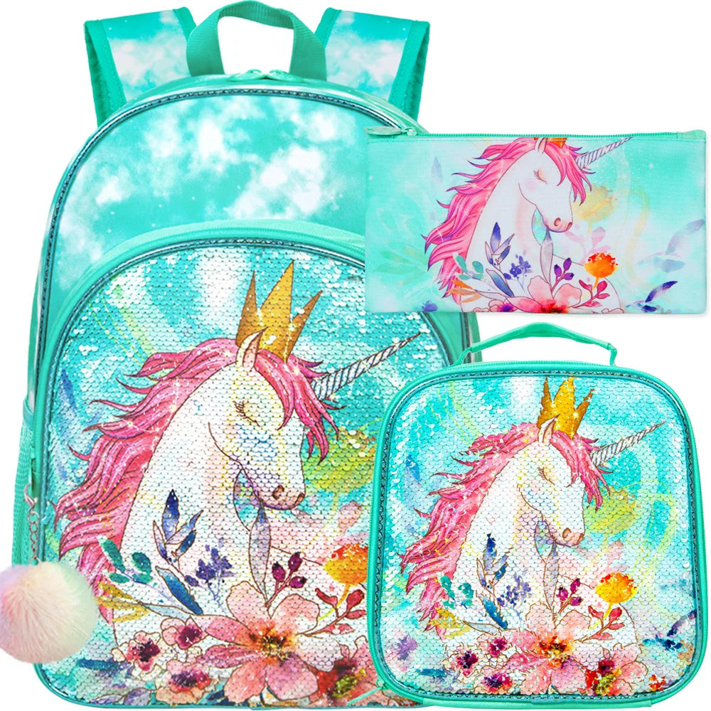 3PCS Unicorn Backpack for Girls, 16”Kids Sequin Bookbag with Lunch Box, School Bag for Elementary Toddler