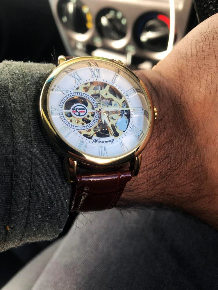 Forsining 3d Logo Design Hollow Engraving Black Golden Case Leather Skeleton Mechanical Watches Men Luxury Brand Heren Horloge