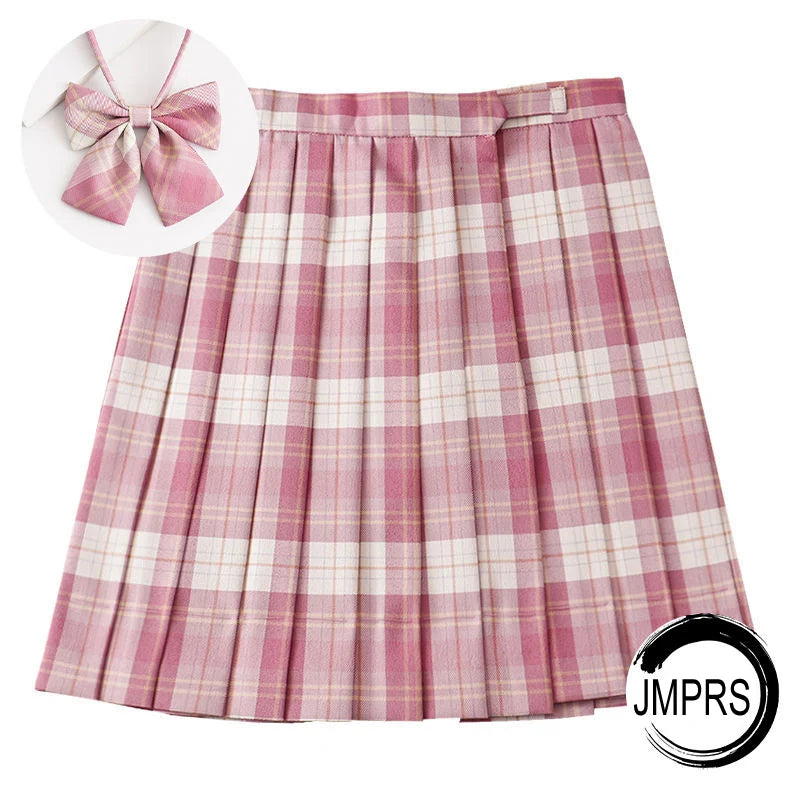 JMPRS Plaid Women Pleated Skirt Bow Knot Summer High Waist Preppy Girls Dance Mini Skirt Cute A Line Harajuku Sexy Japan Faldas