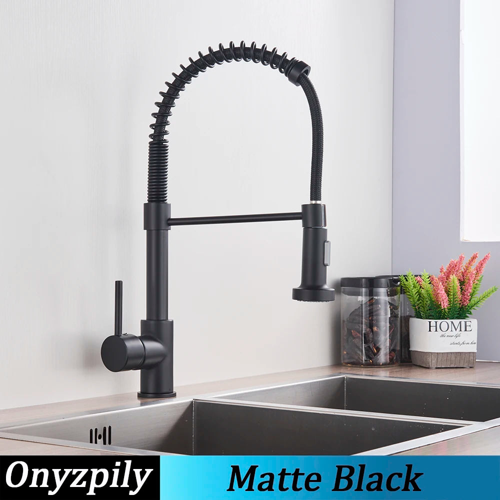 Spring Brushed Kitchen Sink Faucet Pull Down Sprayer Nozzle Single Handle Faucets Mixer Hot Cold Stainless Steel Modern