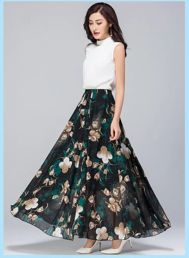 High Waist Skirts Womens Summer 2026 spring Elastic Waist Midi Full Long Skirt Print Mother Dance Skirts Swing Chiffon Skirt
