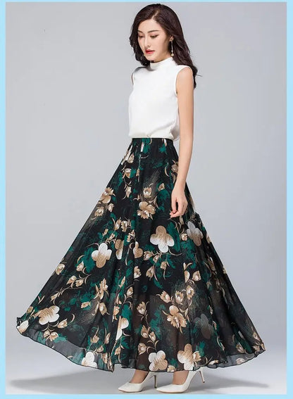High Waist Skirts Womens Summer 2026 spring Elastic Waist Midi Full Long Skirt Print Mother Dance Skirts Swing Chiffon Skirt