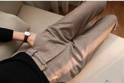 Woolen Pants Women's Harem Pencil Pants 2023 Autumn Winter High Waisted Casual Suit Pants Office Lady Women Trousers