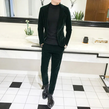 Mens Suits Wine Red Black Green Suits For Man Groom Wedding Velvet Tuxedo Velour Blazer Jackets Pants 2 Piece Costume Homme New