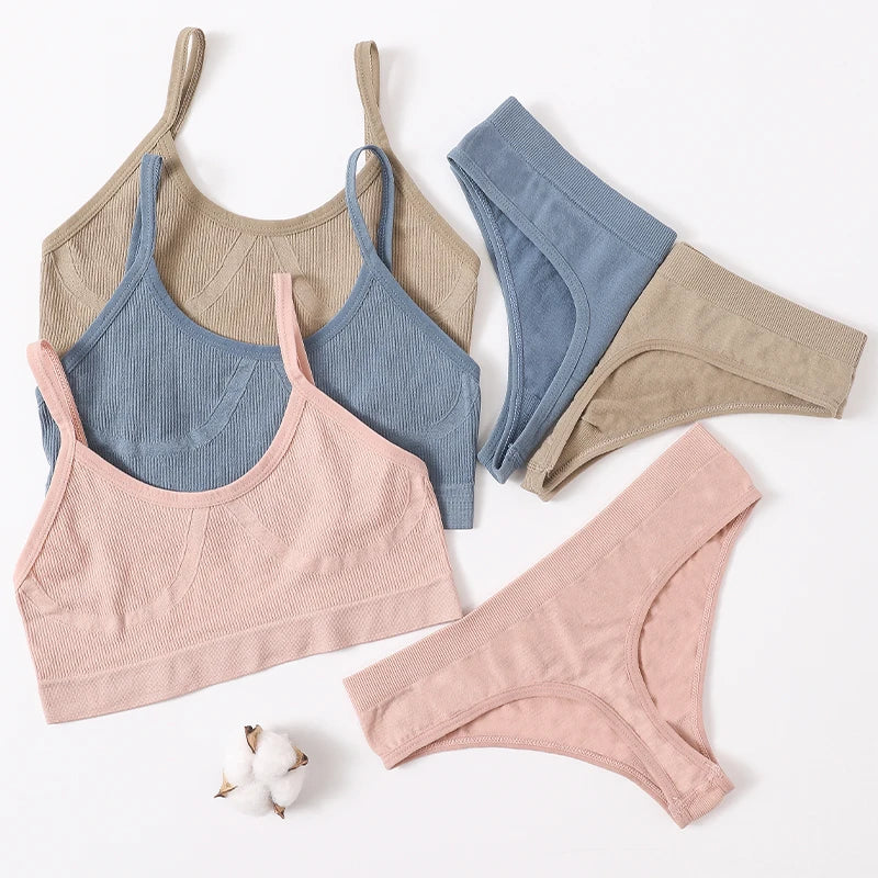 Women Seamless Bra And Panties Set U-Back Bralette Top Comfort Breathable Briefs Ribbed Sexy Lingerie Sports Underwear Set