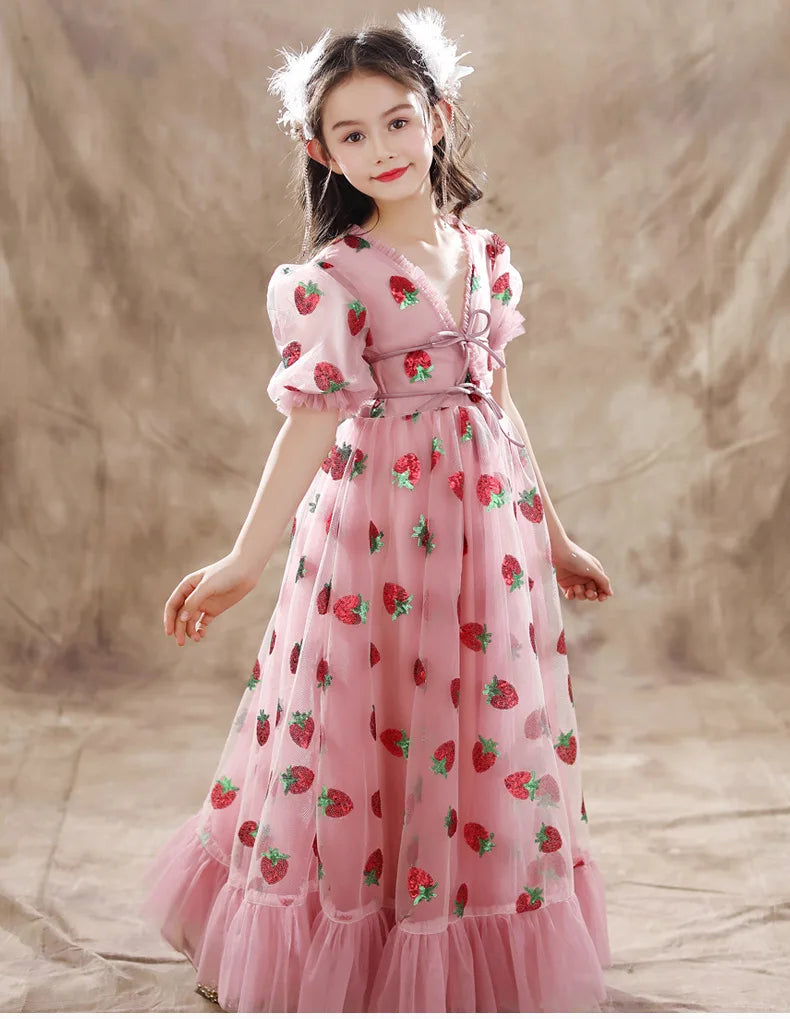 Girls Sequins Strawberry Pink Dresses Kids Dance Show Gowns Teen Girl Wedding Bridal Clothes Teenagers First Communion Dresses