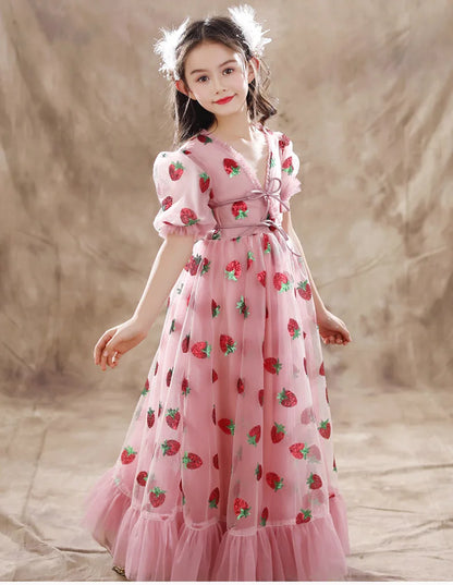 Girls Sequins Strawberry Pink Dresses Kids Dance Show Gowns Teen Girl Wedding Bridal Clothes Teenagers First Communion Dresses