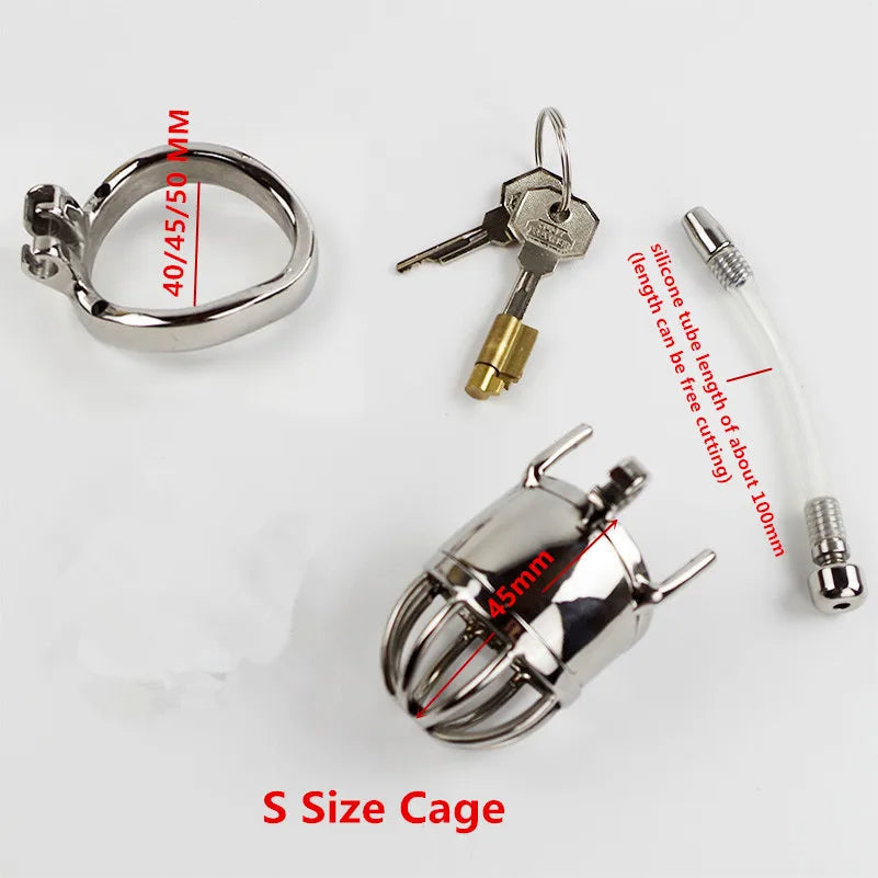 304 Stainless Steel Male Chastity Device Penis Cage Cock Ring with Urethral Sounds Catheter Tube Metal Chastity Belt Lock for Me
