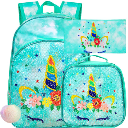 3PCS Unicorn Backpack for Girls, 16”Kids Sequin Bookbag with Lunch Box, School Bag for Elementary Toddler