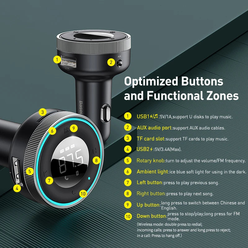 Baseus Car FM Transmitter 5.0 Bluetooth Car Charger Music Adapter 3.4A Dual USB MP3 Player Radio Handsfree Audio FM Modulato