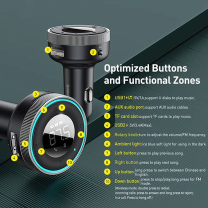 Baseus Car FM Transmitter 5.0 Bluetooth Car Charger Music Adapter 3.4A Dual USB MP3 Player Radio Handsfree Audio FM Modulato