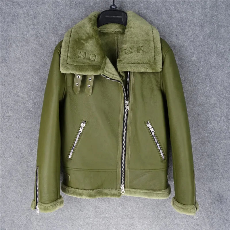 CC SHop Best.Guarantee Genuine leather jacket with fur.Winter warm women 100% shearling coat.Street sheepskin with wool jackets