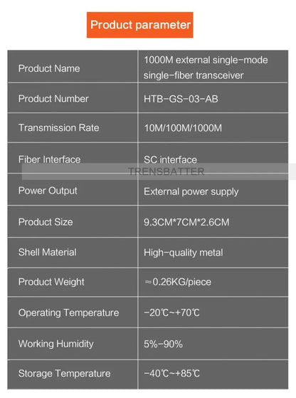1 Pair HTB-GS-03 A/B Gigabit Fiber Optical Media Converter 1000Mbps Single Mode Single Fiber SC Port 20KM External Power Supply
