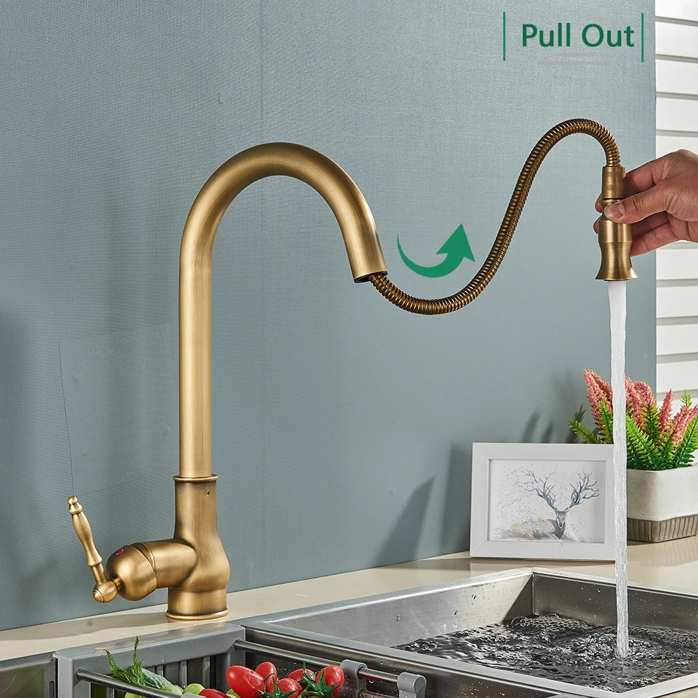 Rozin Antique Brass Kitchen Faucet Pull Out Spout Kitchen Faucets Black Single Hole Swivel Hot Cold Water Kitchen Mixer Tap