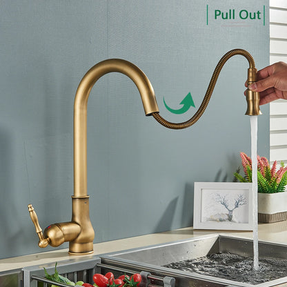 Rozin Antique Brass Kitchen Faucet Pull Out Spout Kitchen Faucets Black Single Hole Swivel Hot Cold Water Kitchen Mixer Tap