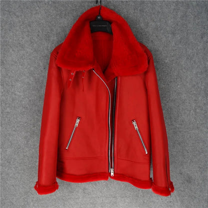 CC SHop Best.Guarantee Genuine leather jacket with fur.Winter warm women 100% shearling coat.Street sheepskin with wool jackets