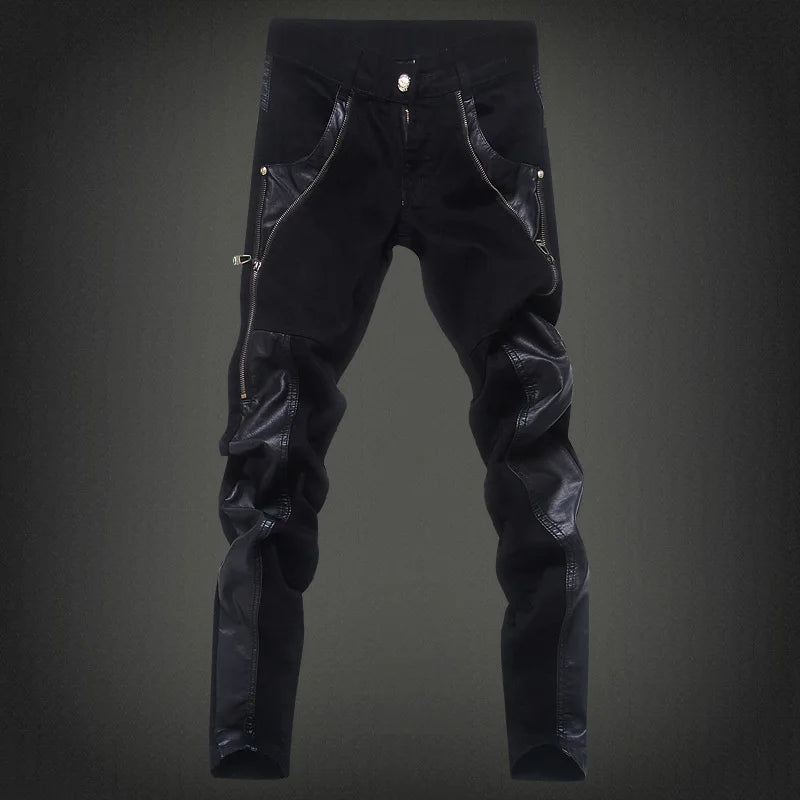 Fashion Designer Men's Black Zipper Motorcycle Leather Pants Korean Slim Skinny splice Leather Pants Fashion Men's Denim Pants
