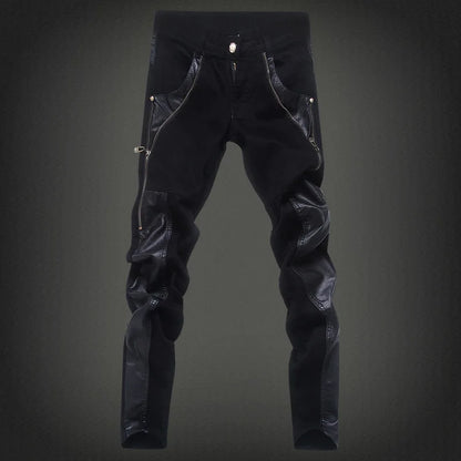 Fashion Designer Men's Black Zipper Motorcycle Leather Pants Korean Slim Skinny splice Leather Pants Fashion Men's Denim Pants