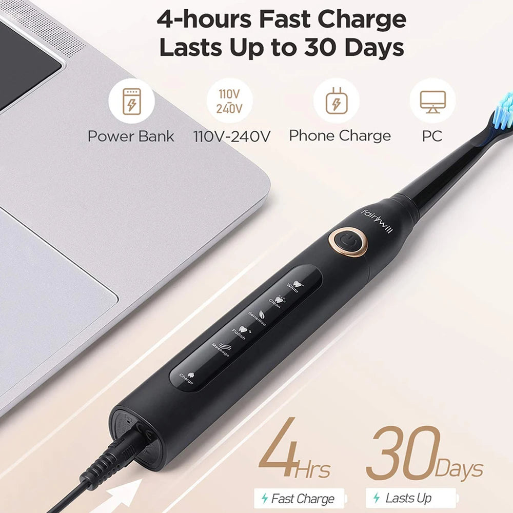 Fairywill FW507 Electric Sonic Toothbrush USB Charger Tooth 8Brush Replacement Waterproof Electronic Toothbrush with Travel Case
