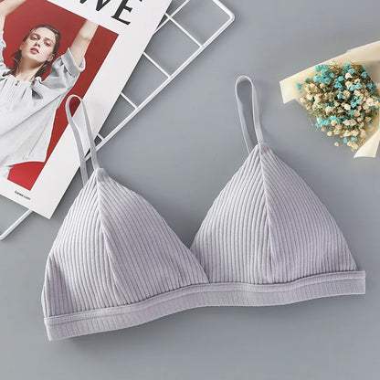 Women Cotton Push-Up Bra Ribbed Triangle Cup Bralette Wire-Free Bras Ladies Sexy Lingerie Simple Low Back Single Hook Underwear