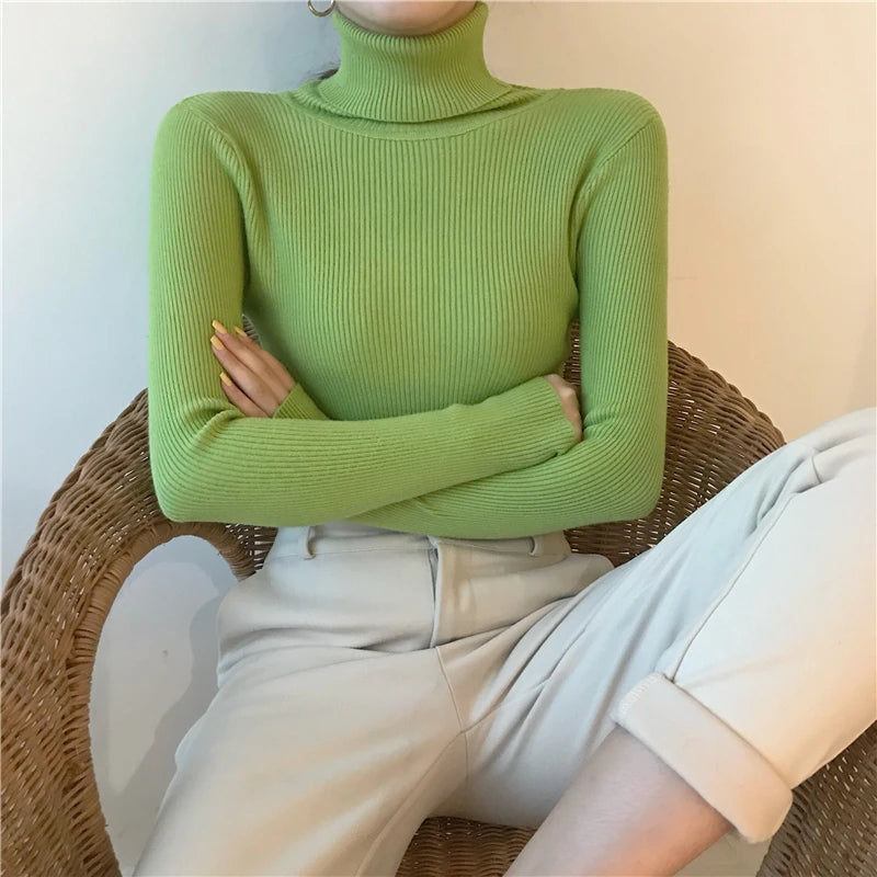 2026 Autumn Winter Sweater Women Knitted Ribbed Pullover Sweater Long Sleeve Turtleneck Slim Jumper Soft Warm Pull Femme