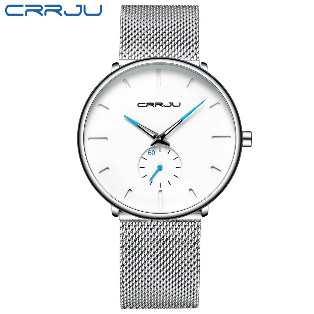 CRRJU New Watches Mens 2019 Man Fashion Simple Stainless Steel Blue Thin Watch For Men Luxury Casual Waterproof Quartz Clock