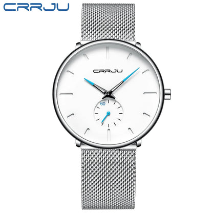CRRJU New Watches Mens 2019 Man Fashion Simple Stainless Steel Blue Thin Watch For Men Luxury Casual Waterproof Quartz Clock