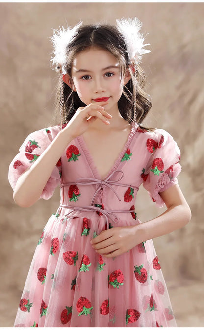 Girls Sequins Strawberry Pink Dresses Kids Dance Show Gowns Teen Girl Wedding Bridal Clothes Teenagers First Communion Dresses